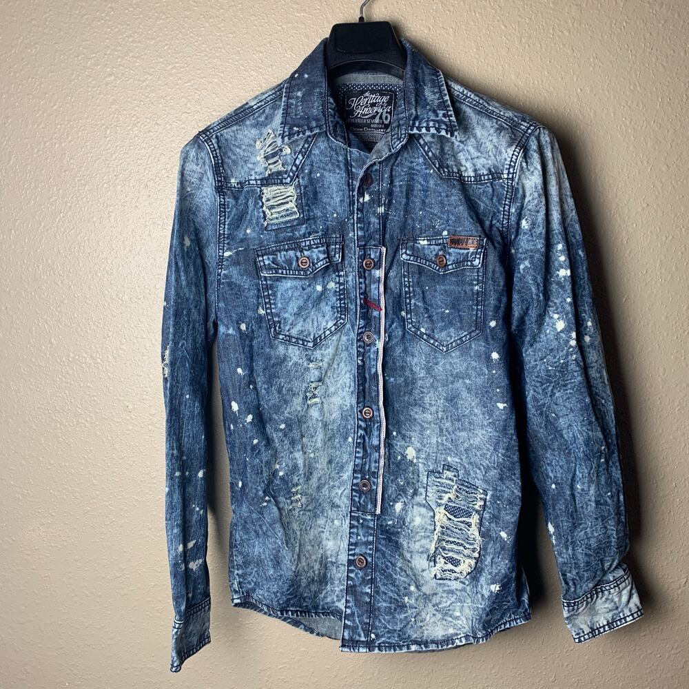 The Heritage by America Men's Medium Distressed Shirt Destroyed Denim Jean A48